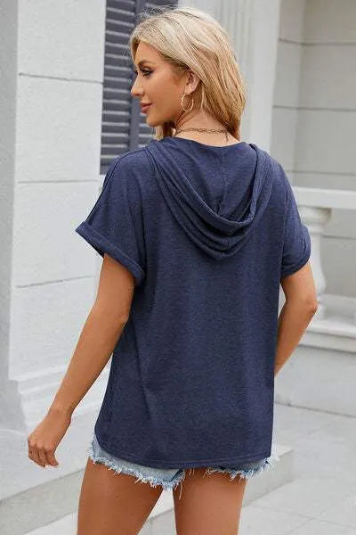 Half Button Drawstring Short Sleeve Hooded T-Shirt Women's T-Shirts - Tophatter Daily Deals